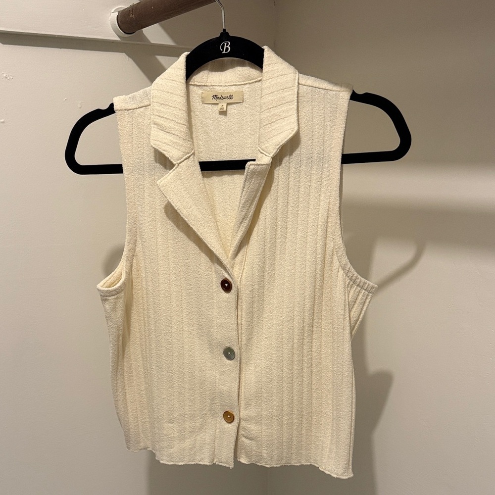 Madewell Cream Ribbed Sleeveless Button-Front Collared Top